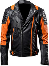 Men's Orange and Black Genuine Sheepskin Stand Collar Zip-Up Leather Jacket